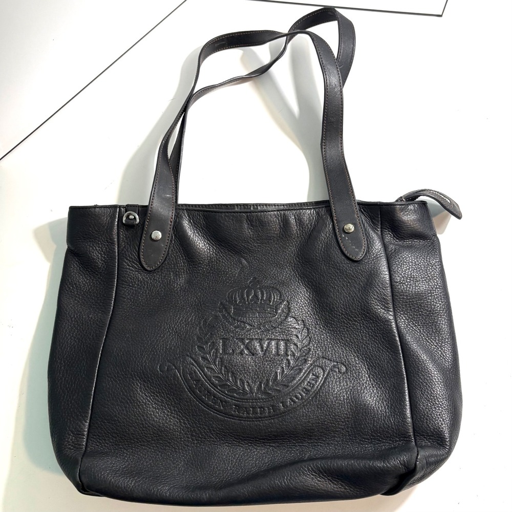 Lauren Ralph Lauren Black Leather Everyday Crest Embossed Shoulder Bag